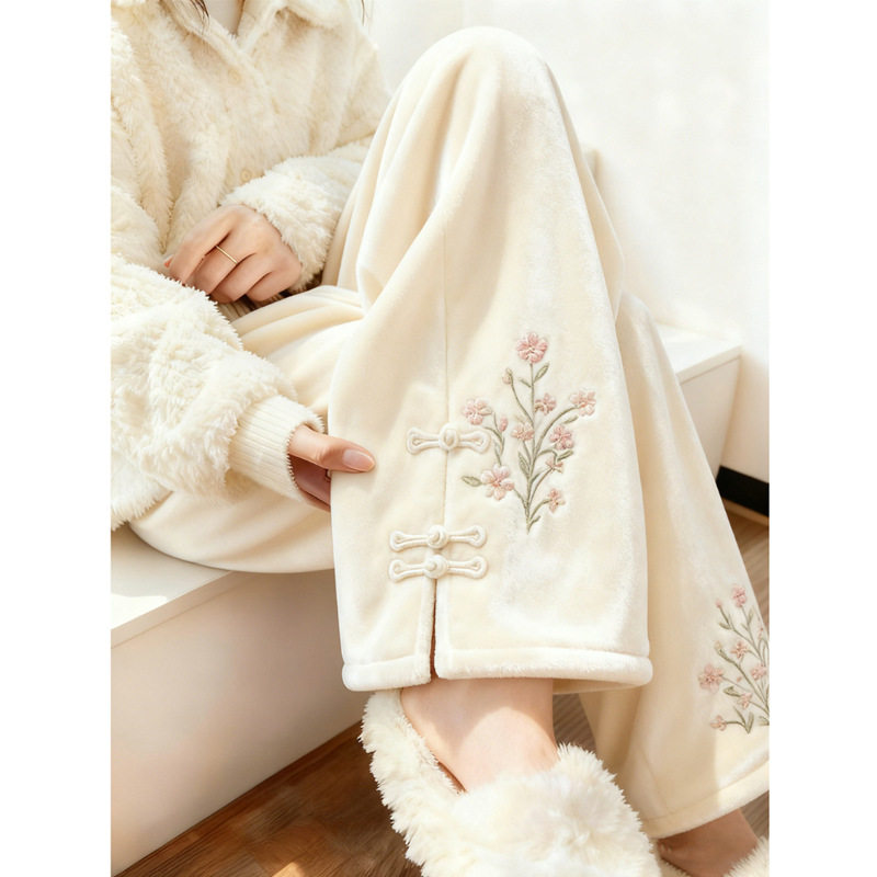 【金丝绒复合贝贝绒】新中式刺绣花朵阔腿裤女复古慵懒风加绒休闲,女装/女士精品,休闲裤,淘宝优惠券,粉丝福利购,淘宝优惠卷