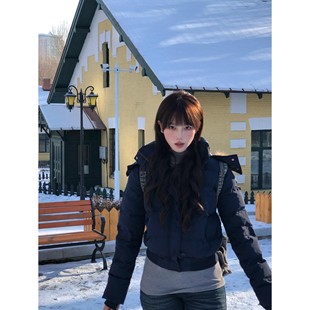 菲奥娜藏青色大毛领短款羽绒棉服女2025冬季新款高级显瘦棉衣外套