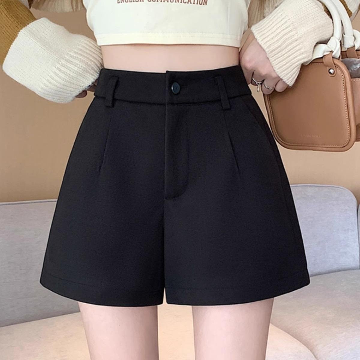 大码高腰a字毛呢短裤女2024秋冬黑色休闲小个子阔腿美式外穿热裤