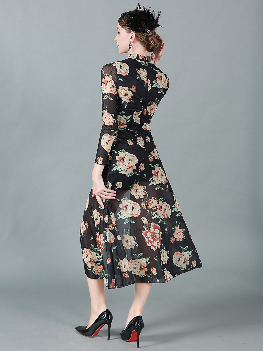 클래식 감성 긴팔 스탠드 칼라 신축성 있는 장미 프린트 스판덱스 댄스 공연 중국 스타일 7부 메쉬 치파오