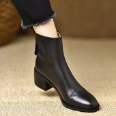 意大利高端原创真皮短靴中跟新款 冬季 短筒粗跟裸靴加绒切尔西靴子