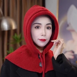 2025新款克拉克法秋冬季套头披肩加厚保暖围脖针织包头一体帽子女