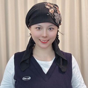 高端飘带帽子女树叶花朵秋冬新款遮白发保暖帽重工树叶飘带帽