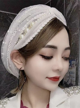 新款百搭珍珠网红纱巾秋回族女帽子穆斯新款防晒手工盖包头套巾
