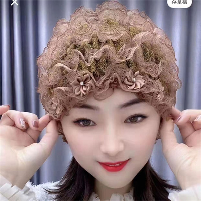 帽子女美人纱头巾弹力蕾丝遮白发帽头饰假发盖头女回层层帽包头帽