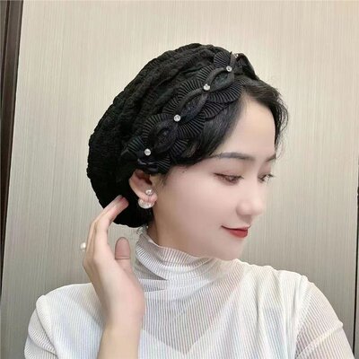 网红女新款重工花边包头帽夏季回族女波点显瘦发带帽洋气遮白发