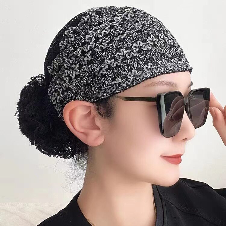 2025新款春秋透气网纱包头帽蕾丝盘发洋气优雅头巾帽遮白发帽子女