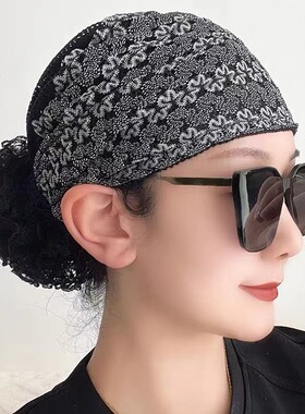 新款春秋透气百搭网纱包头帽蕾丝盘发洋气优雅头巾帽遮白发帽子女