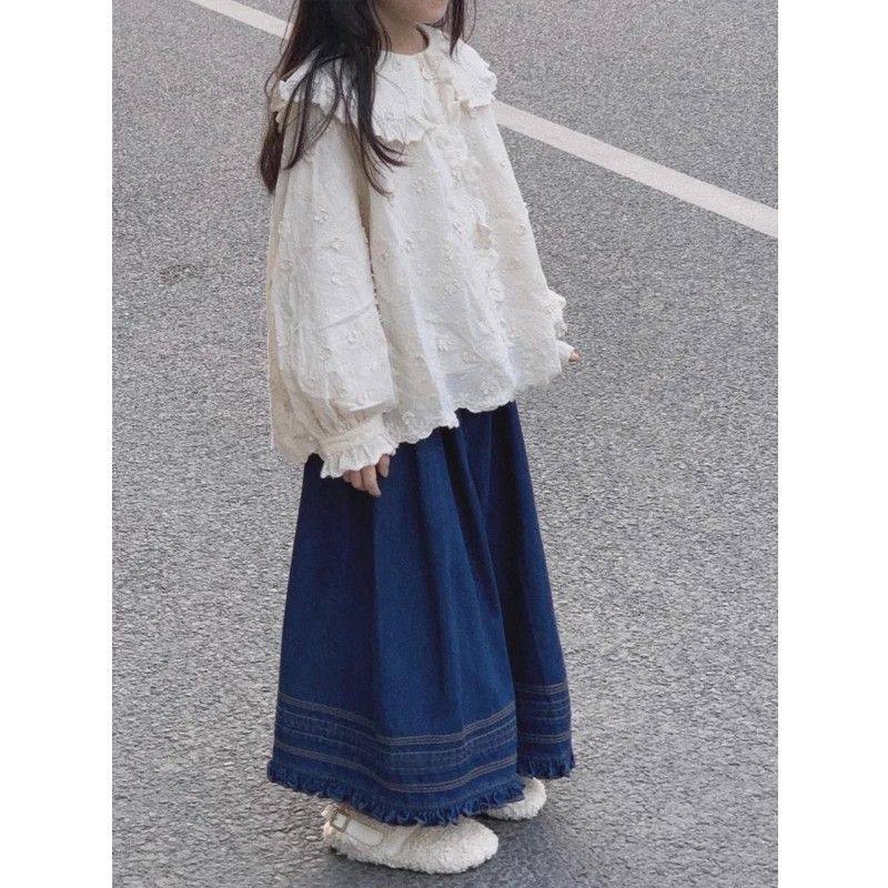 童装2025新款春装女童套装儿童绣花娃娃领长袖衬衫牛仔阔腿裤
