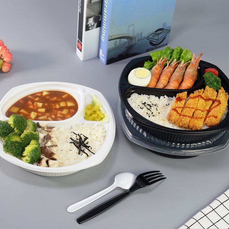 加厚一次性咖喱饭快餐盒猪排饭外卖盒 盖浇饭圆形分格 三格打包盒