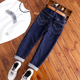 男童瘦版修身牛仔裤儿童深蓝色小脚裤子中大童春秋窄版净色长裤