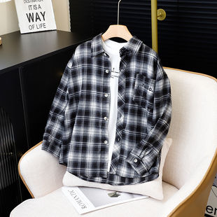 男童黑白格子磨毛衬衫外套中大童春秋款格子衬衣儿童长袖上衣