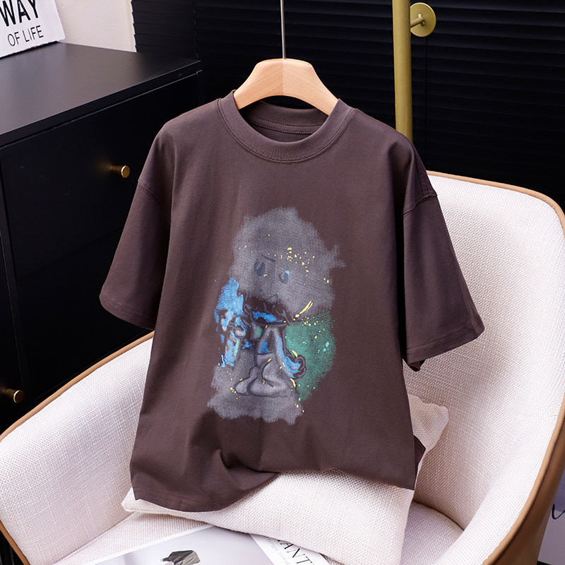 男童咖色卡通涂鸦短袖T恤儿童夏季新品打底衫中大童夏天上衣t恤潮