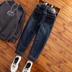 男童冬季蓝色瘦版加绒牛仔裤中大童一体绒修身小脚裤儿童牛仔长裤