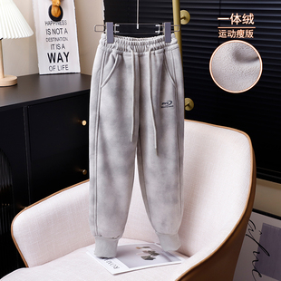 儿童瘦版加绒运动裤男童女童修身一体绒休闲小脚裤中大童脏脏裤潮