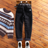 男童黑色瘦版 一体绒软牛仔小脚裤 加绒牛仔裤 儿童冬中大童高弹修身