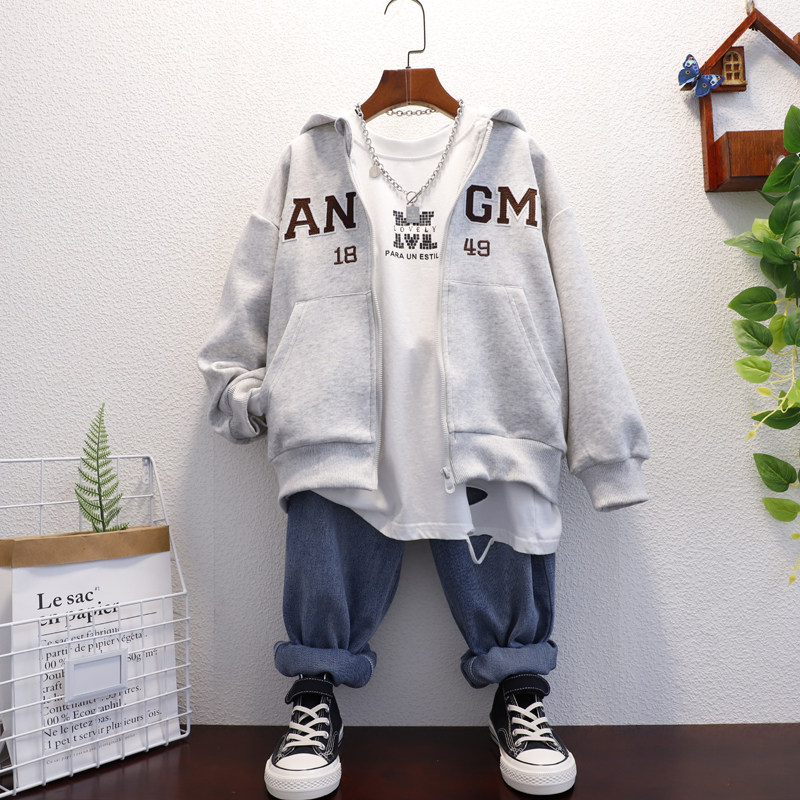 男童浅灰色连帽外套儿童拉链帽卫衣中大童春秋季时尚童装上衣潮