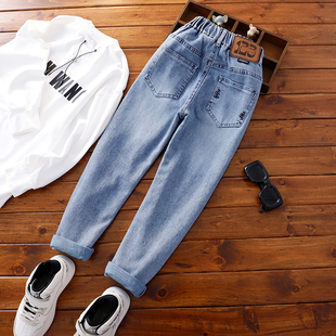 男童蓝色瘦版牛仔小脚裤中大童春秋款棉弹软牛仔修身长裤儿童裤子