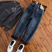 男童加绒加厚牛仔裤 子冬 小老爹裤 儿童厚实棉裤 中大童仿羊驼绒窄版