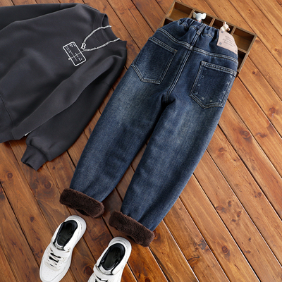 男童加绒厚牛仔裤中大童仿羊驼绒