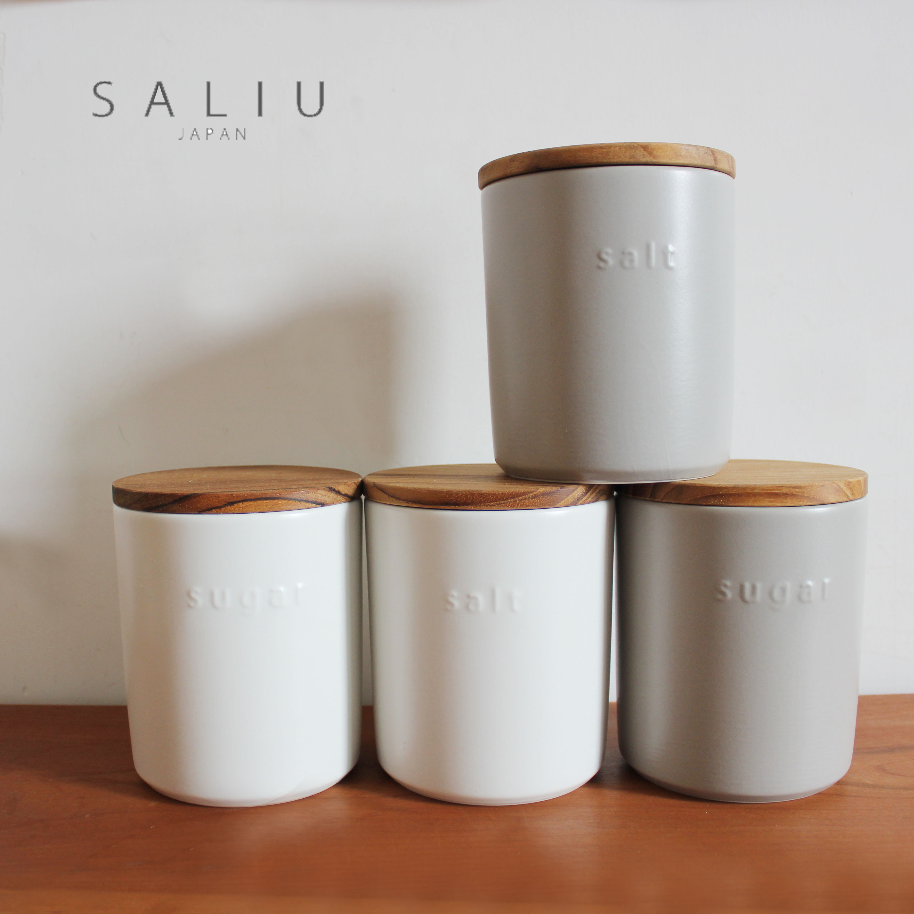 日本saliu陶瓷保存储物存罐容器密封盐糖咖啡豆粉盐糖茶叶柚木盖