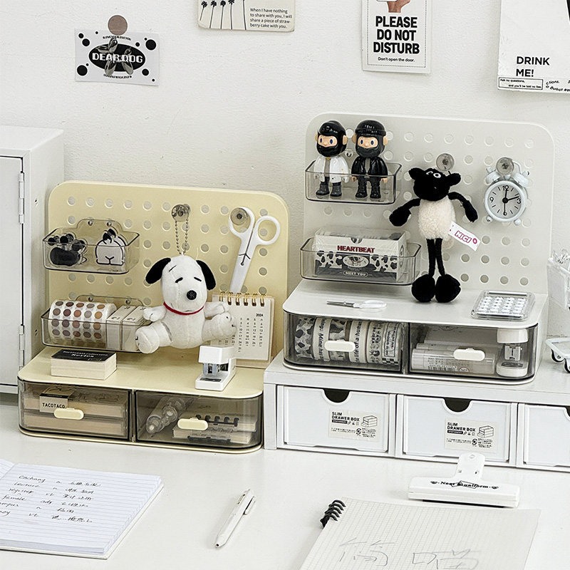 桌面洞洞板置物架桌上透明文具谷子吧唧卡片整理展示架抽屉收纳盒