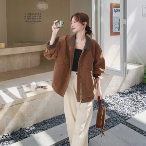 咖色复古廓形外套女2025秋季新款韩版宽松网红炸街小个子休闲夹克图片