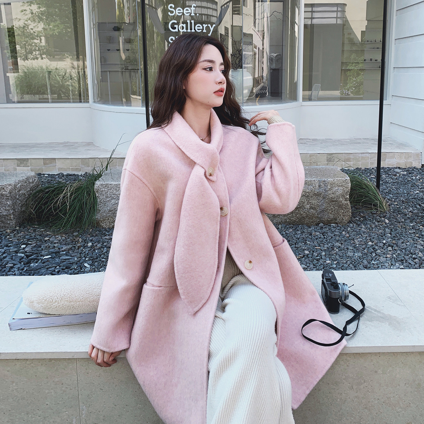 燕麦色连帽减龄双面呢羊绒大衣女2025秋冬新款韩版高级感毛呢外套图片