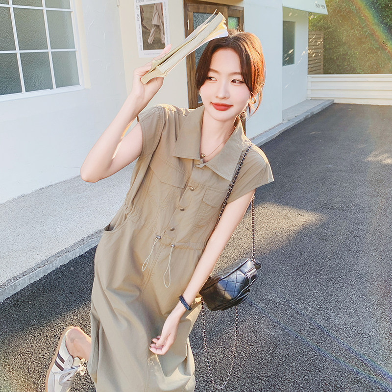 休闲工装收腰显瘦咖色连衣裙女夏2025新款长裙减龄独特漂亮高级感,女装连衣裙,2C077