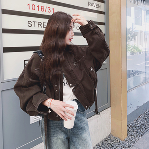 美拉德复古棕色机车短外套女2025秋季新款韩版小个子休闲工装夹克图片