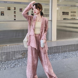 粉色高级感西装套装女秋季新款轻熟气质时尚西服外套阔腿裤两件套图片