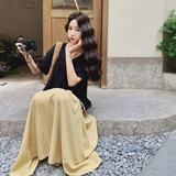 撞色拼接黑色V领连衣裙女夏季2025新款休闲气质今年流行漂亮裙子，女装连衣裙，2C077