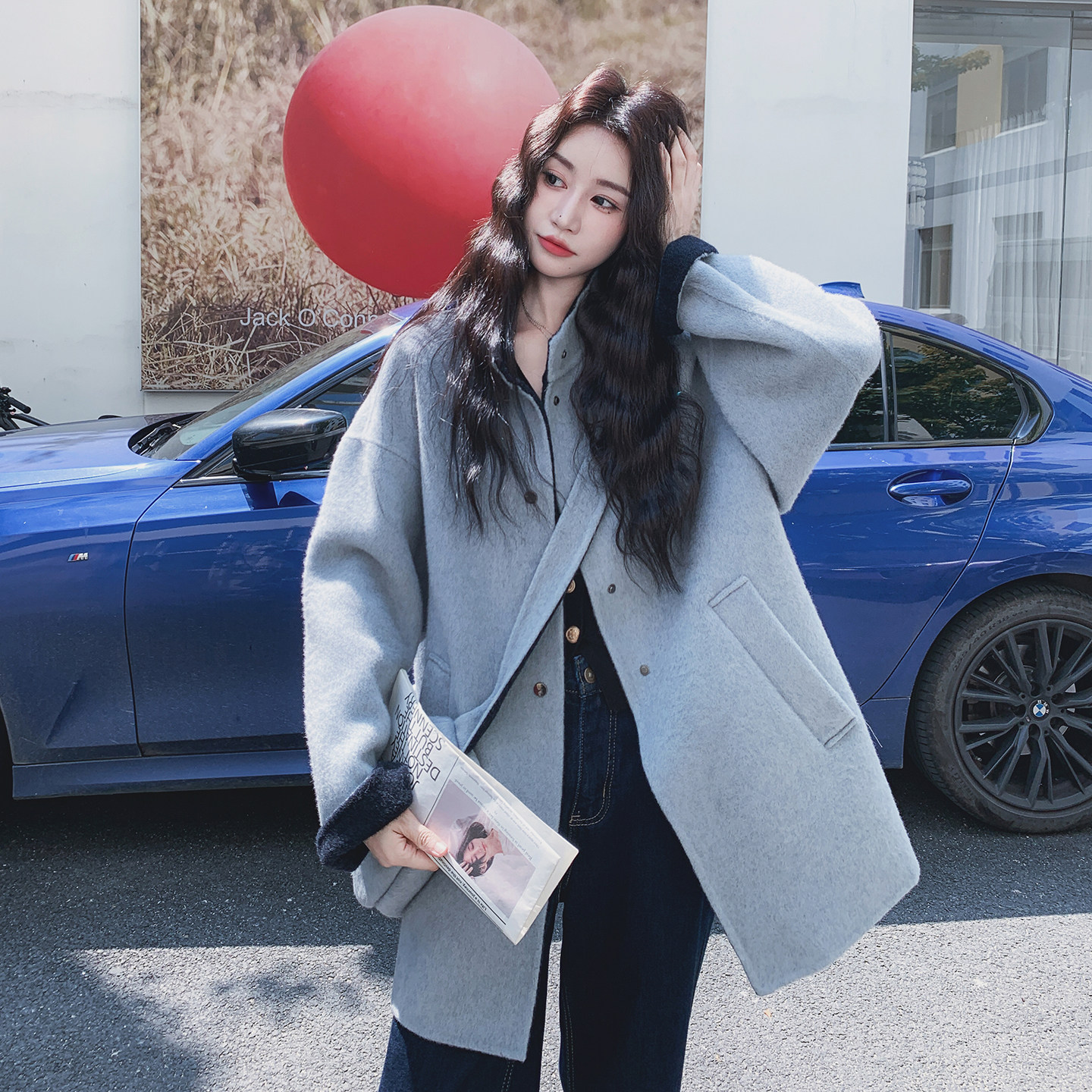 蓝色双面呢羊毛大衣外套女秋冬2025新款独特漂亮超好看爆款高级感，女装毛呢外套，2C077