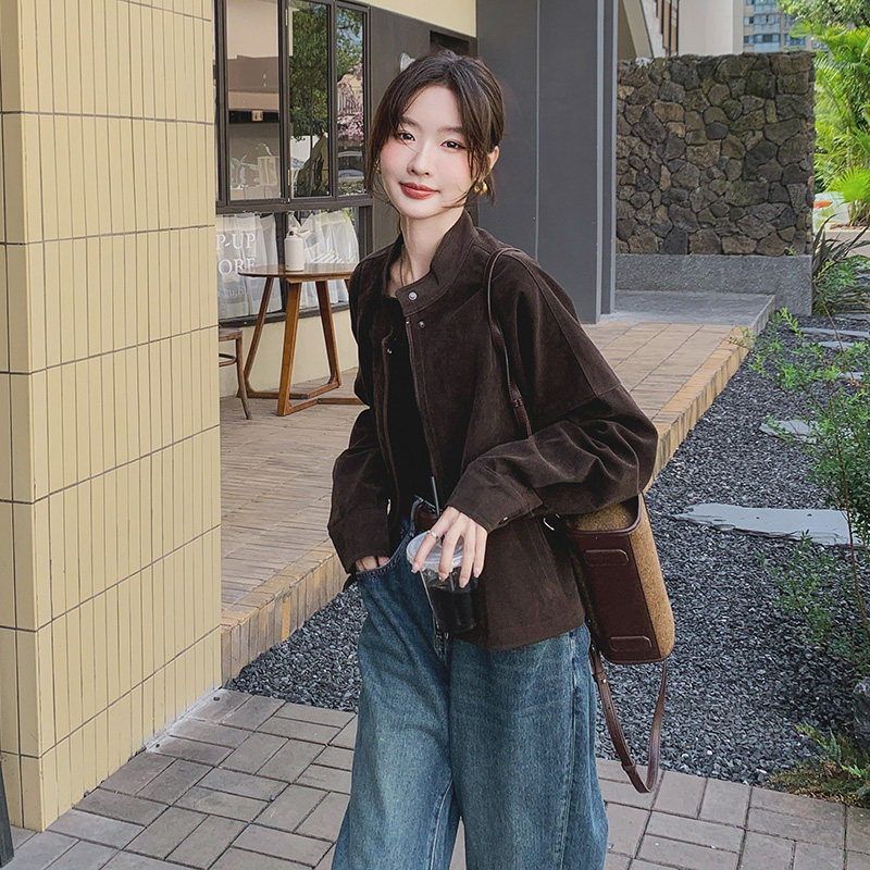 美拉德麂皮绒短外套女秋季2024新款韩系气质休闲复古立领潮酷夹克,女装短外套,2C077
