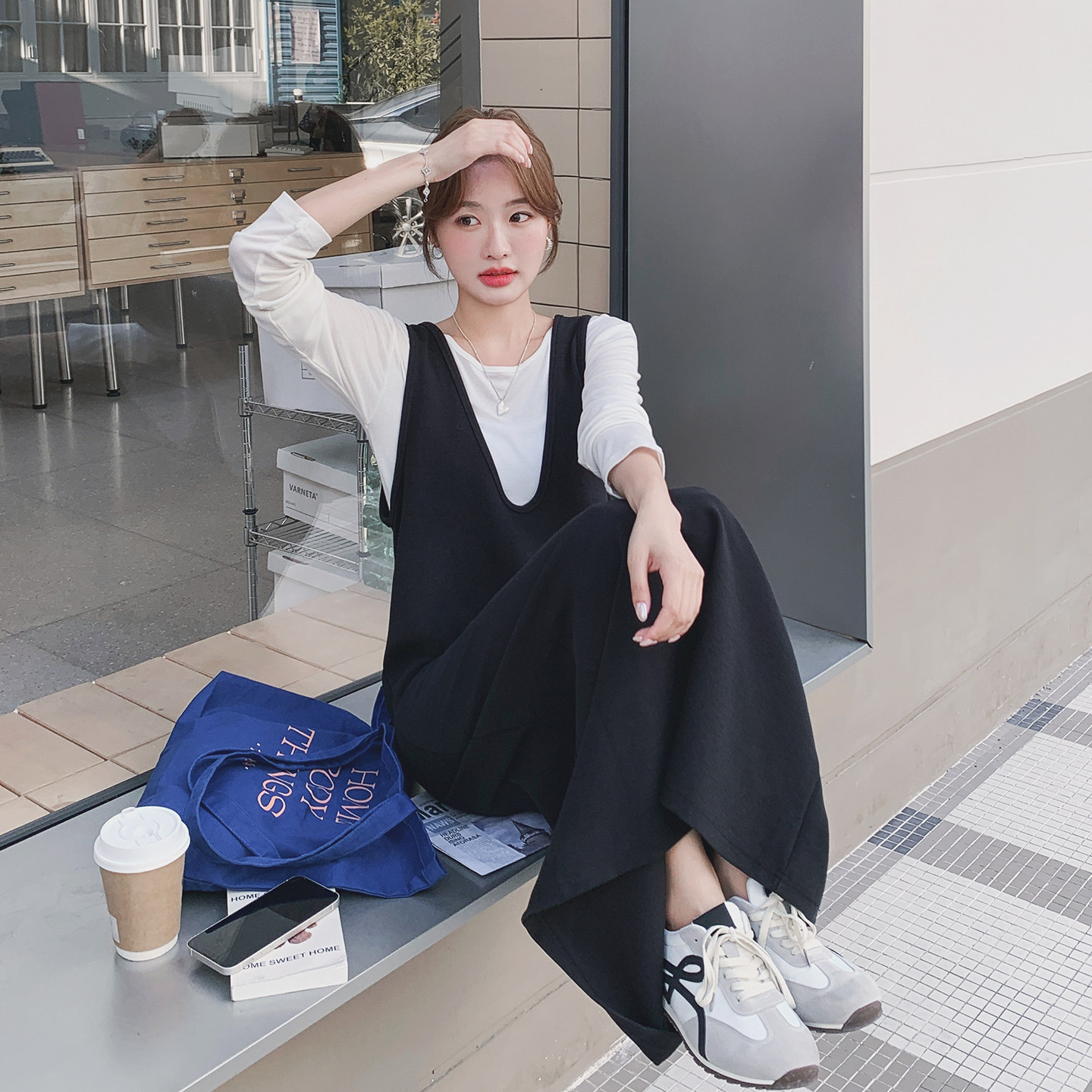 气质淡人黑色背心裙长袖T恤套装女2025秋季简约时尚连衣裙两件套，女装套装/套裙，2C077