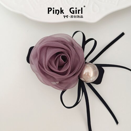 甜美气质手工欧根纱玫瑰花弹簧夹8cm优雅头饰发饰