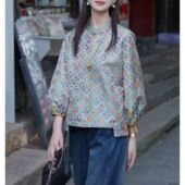 气质国风休闲百搭小衫 复古时尚 新款 上衣套头2026秋季 印花立领长袖