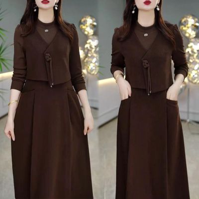 假两件复古显瘦遮肚长袖连衣裙