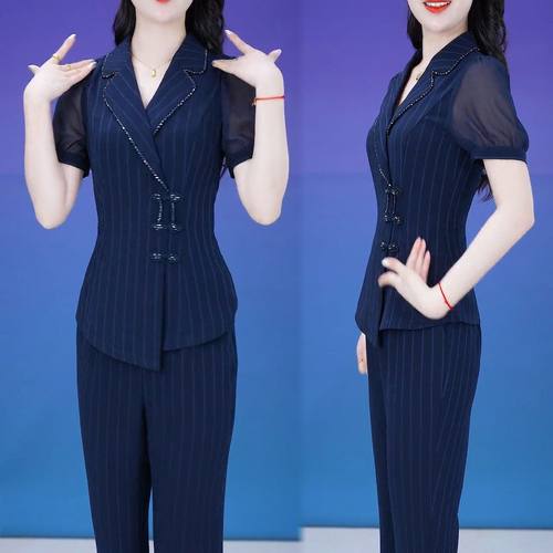 盘扣短袖上衣直筒裤两件套装女