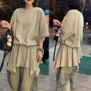 洋气百搭五分袖 新款 上衣潮 慵懒风不规则遮肉显瘦T恤2026夏季 时尚