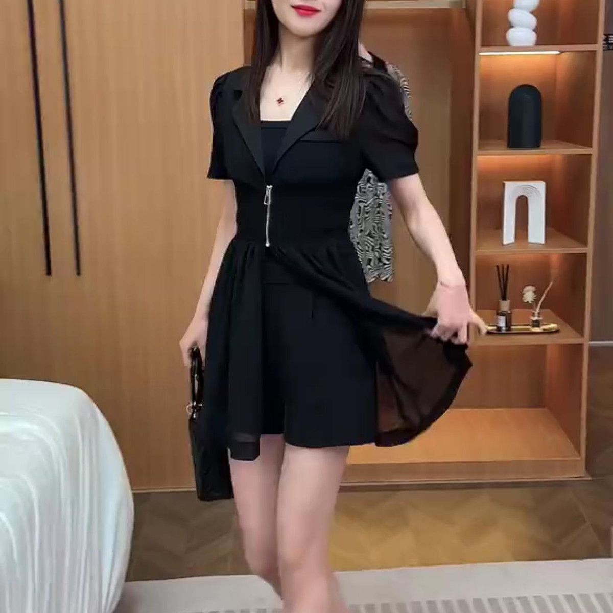 新款收腰拉链纱裙气质套装