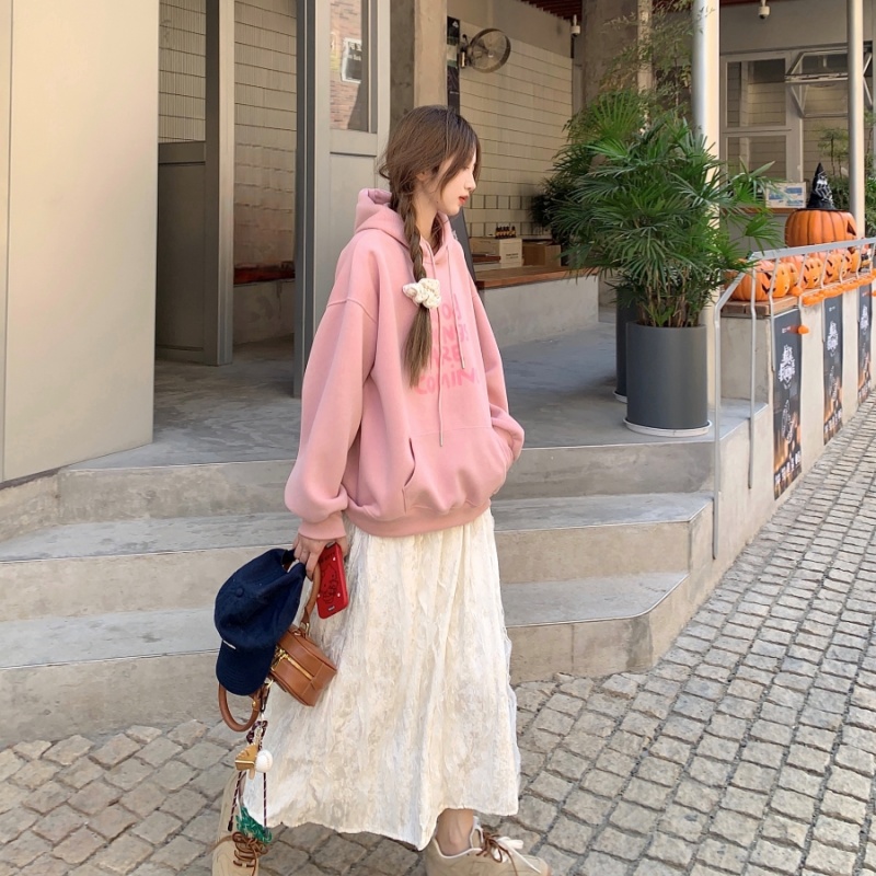 大码慵懒风连帽卫衣半身裙套装