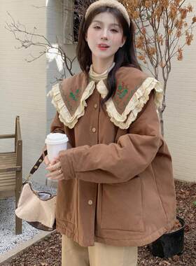 大码秋冬双层领蕾丝边绣花长袖