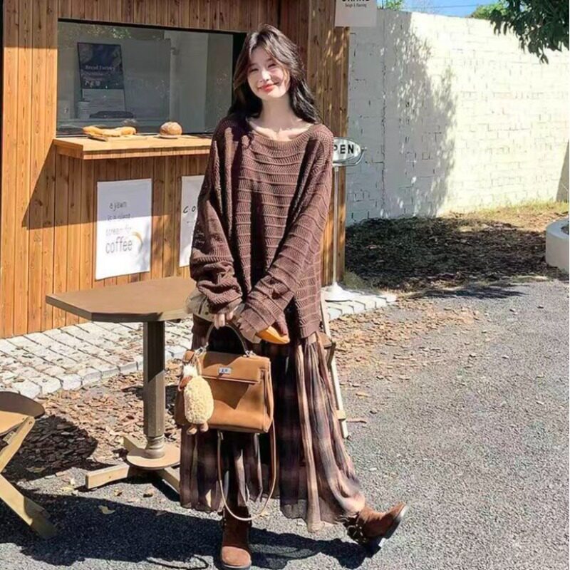大码女装美拉德穿搭高级感2025秋冬季新款吊带连衣裙针织衫两件套