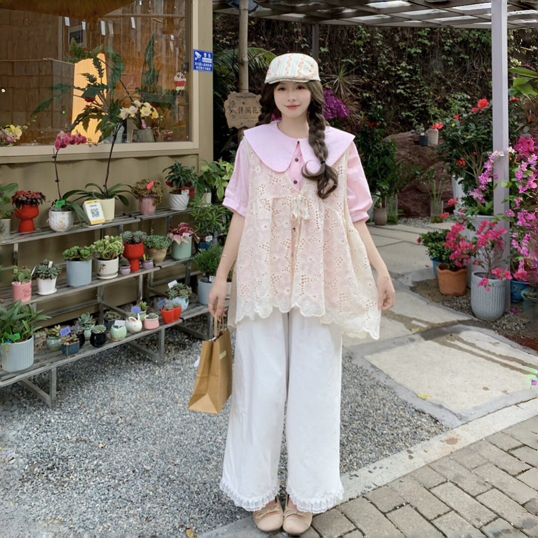 韩系复古蕾丝镂空罩衫上衣开衫马甲叠穿短袖恤三件套女夏大码套装