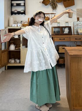夏日系森女刺绣大码衬衫半裙套装