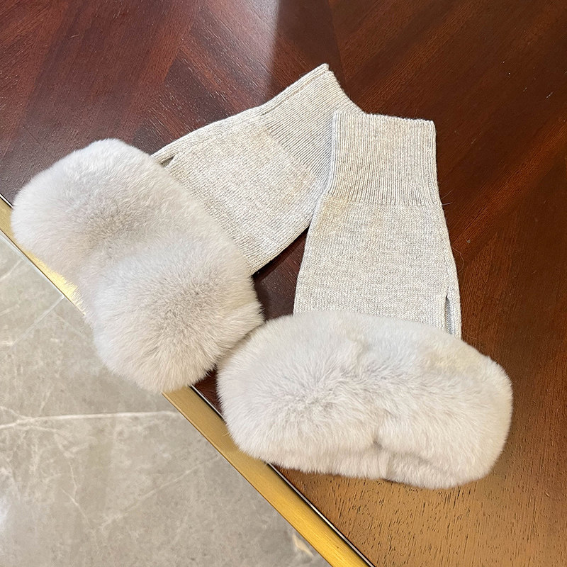 CENCY 温暖修手型獭兔毛配针织手套 女士韩国可爱露指毛毛手套