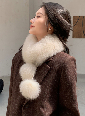 双面真毛皮草围巾狐狸毛配獭兔内里保暖百搭大毛球围脖女双球款