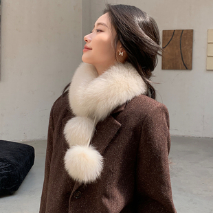双面真毛皮草围巾狐狸毛配獭兔内里保暖百搭大毛球围脖女双球款