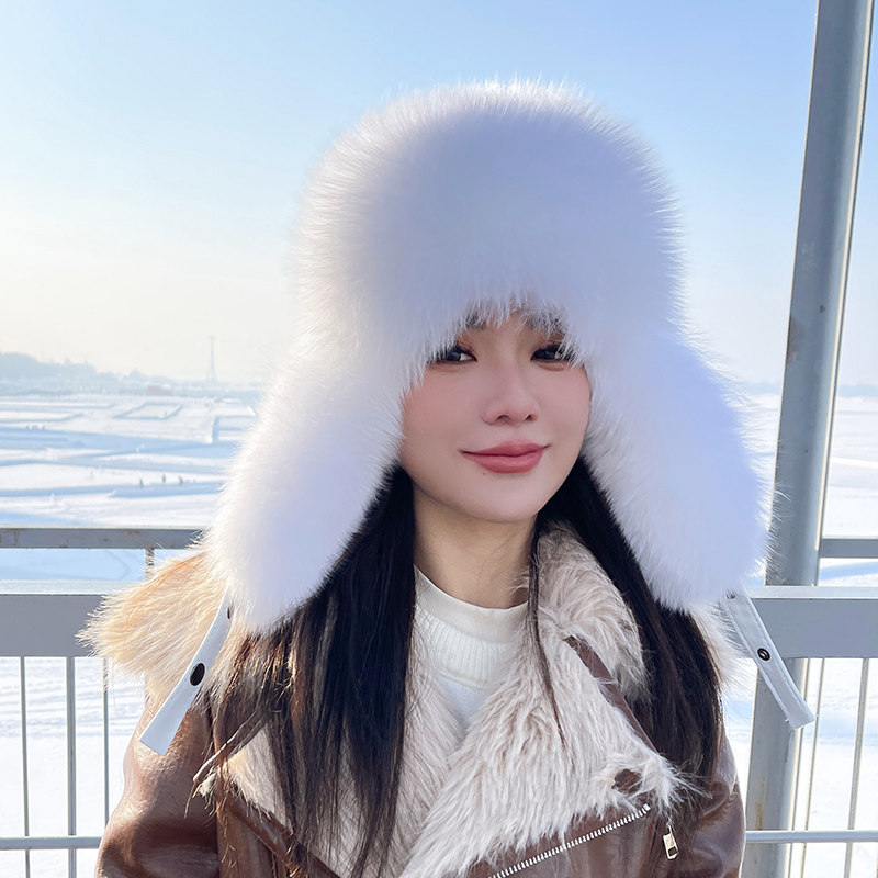 狐狸毛真皮雷锋帽 白色真毛冬季保暖旅行室外皮草帽子绵羊皮帽顶